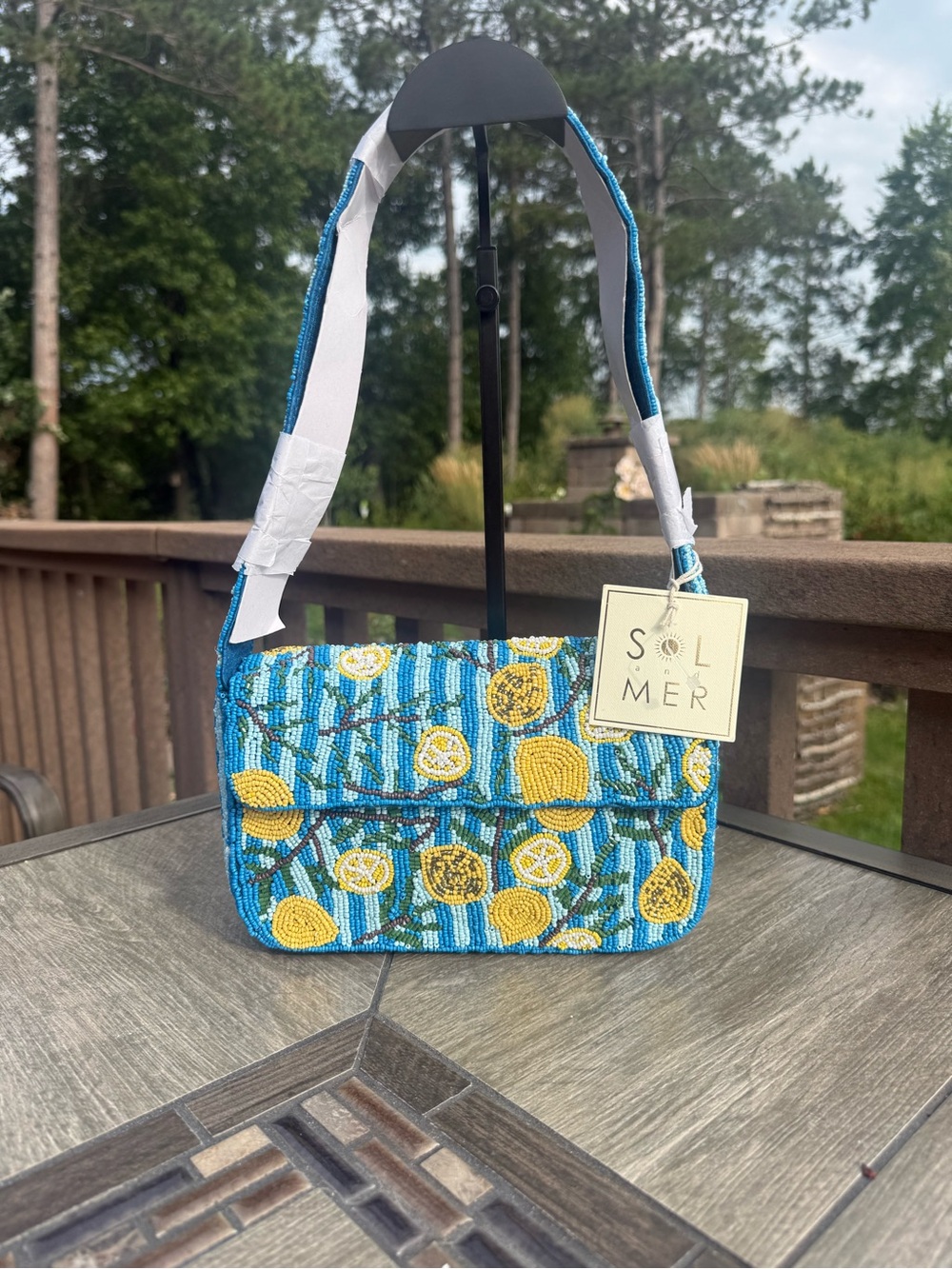 NWT Sol & Mer Striped Lemon Glass Seed Bead Blue and Yellow Shoulder Bag